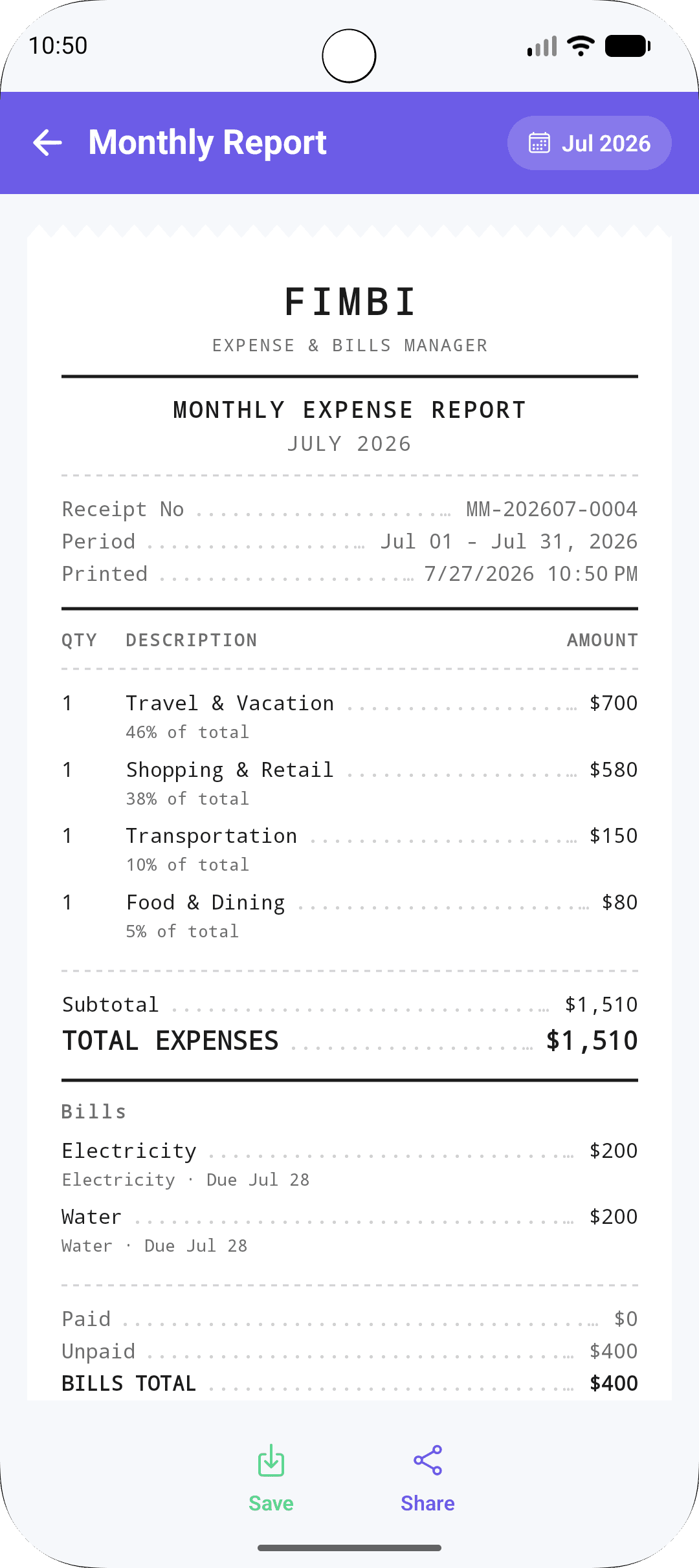 Fimbi monthly report laid out as a receipt, listing expense categories, totals and unpaid bills with save and share actions