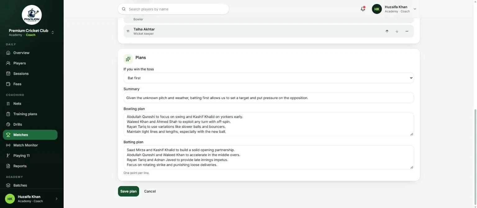 An AI drafted match plan with the toss decision, a summary, a bowling plan and a batting plan, ready to edit and save