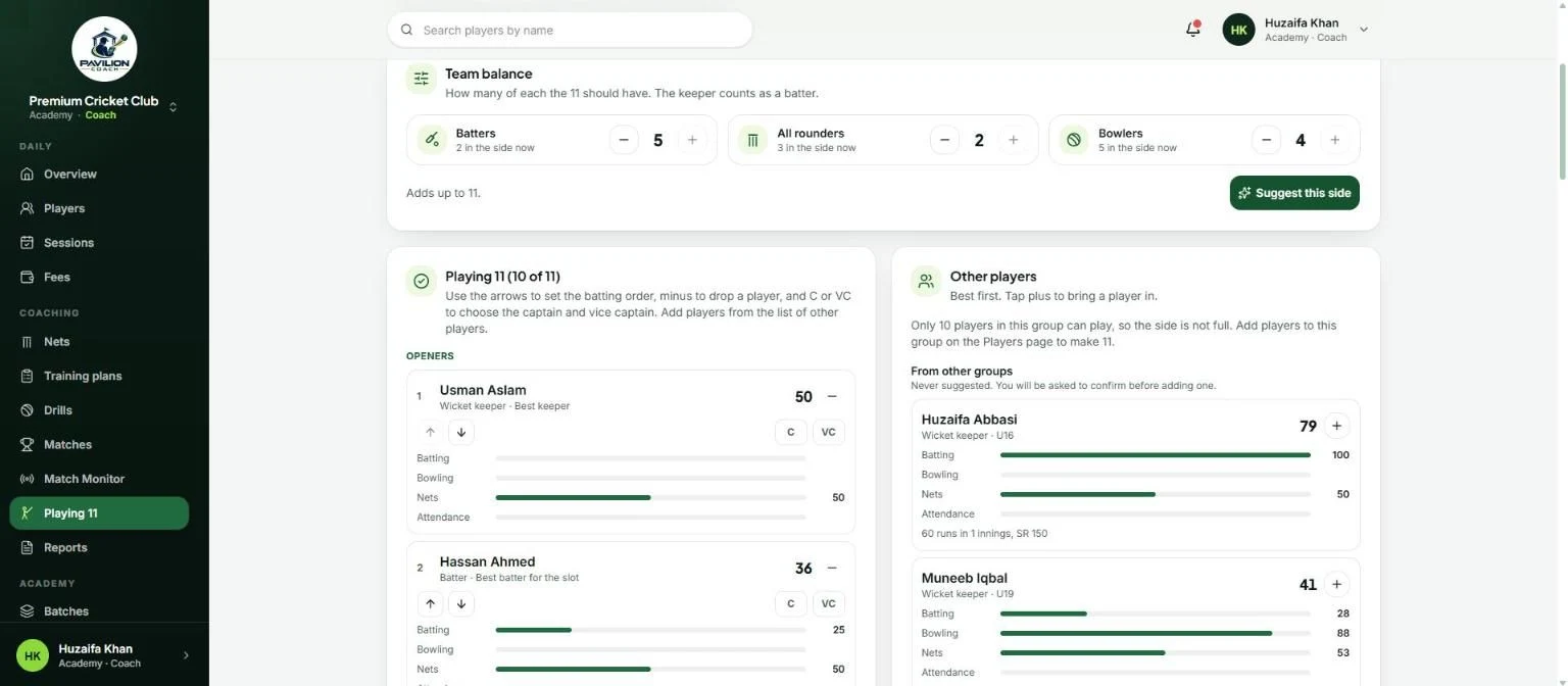 Playing 11 screen with team balance controls for batters, all rounders and bowlers, the suggested side with scores, and other players ranked beside it