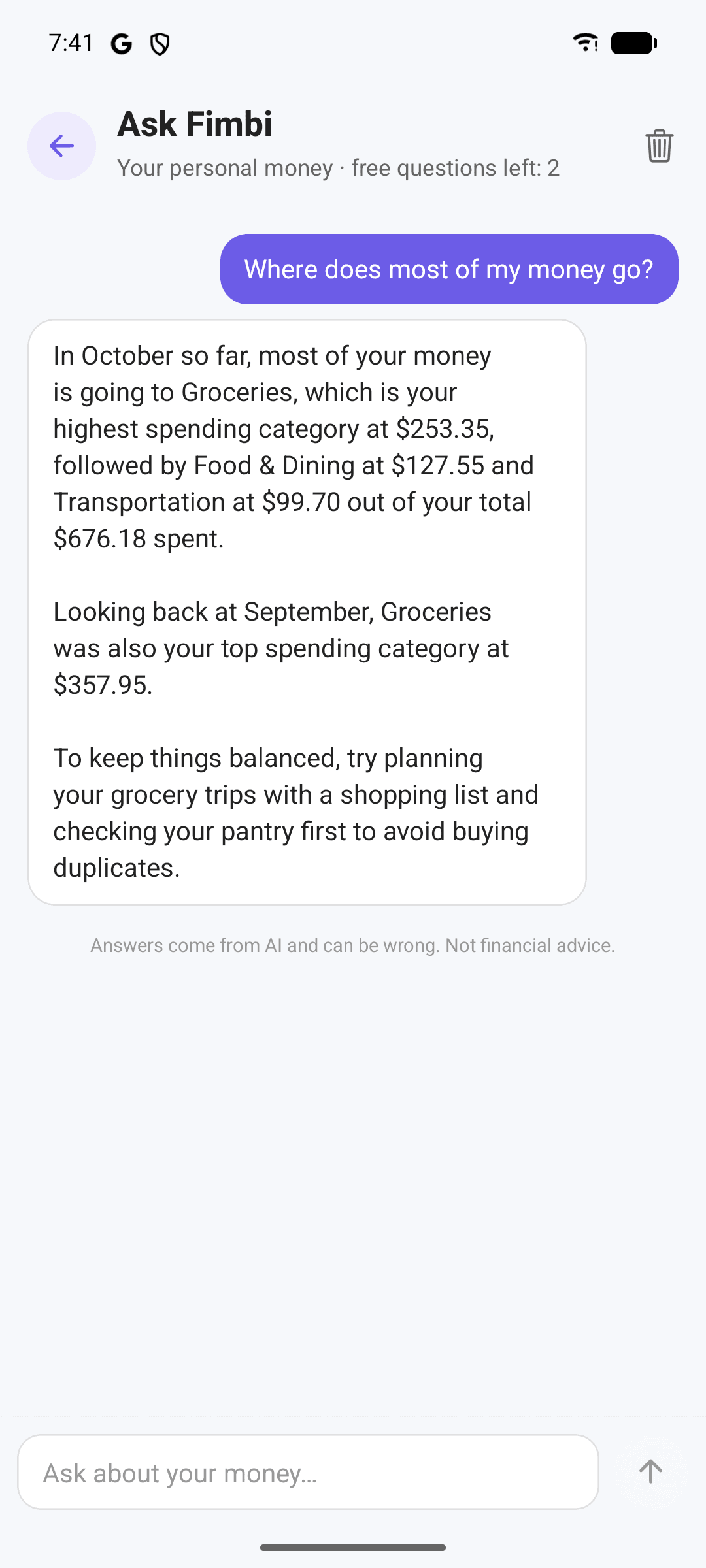 Ask Fimbi chat answering where most of the money goes, with category totals for October and September