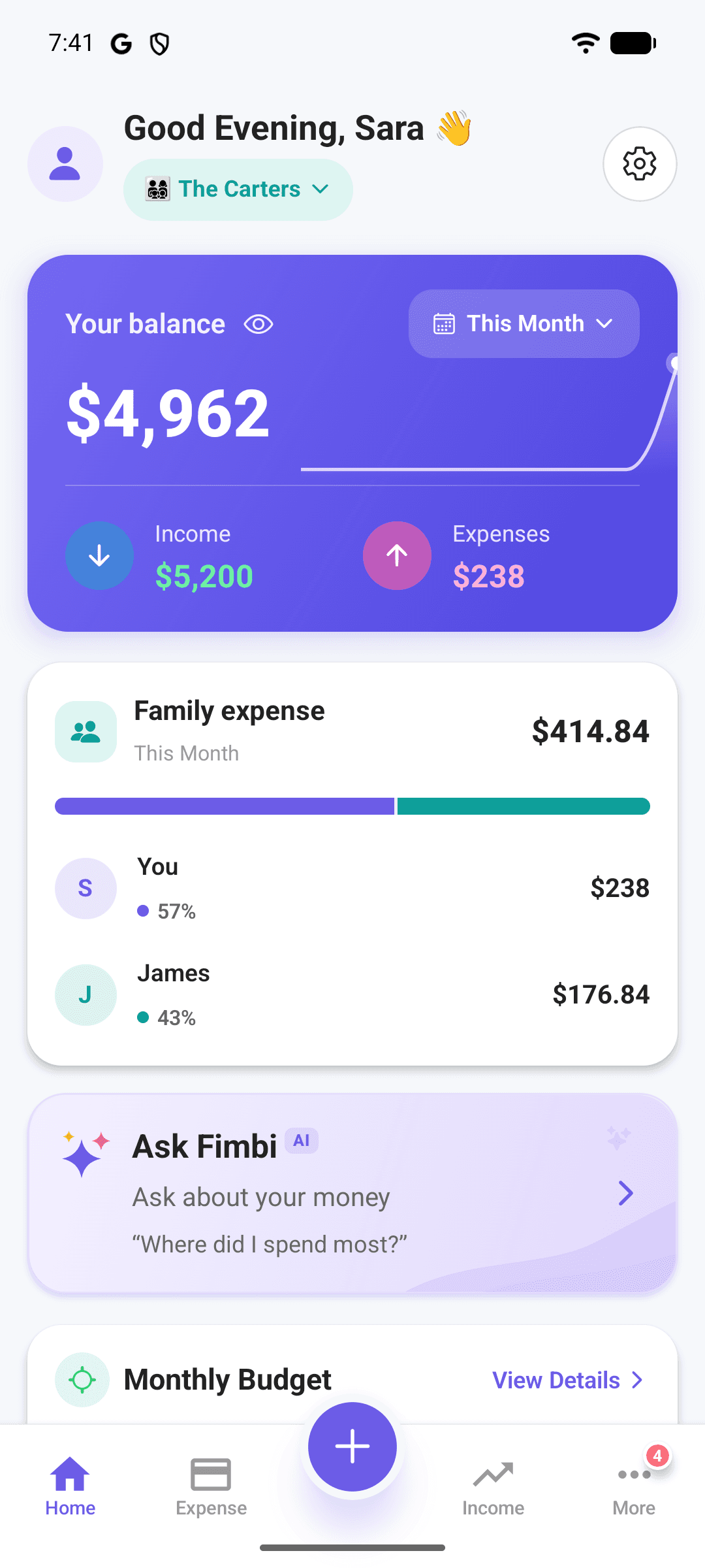 Fimbi family dashboard for The Carters showing your balance, this month's family expense split between Sara and James, and the Ask Fimbi card