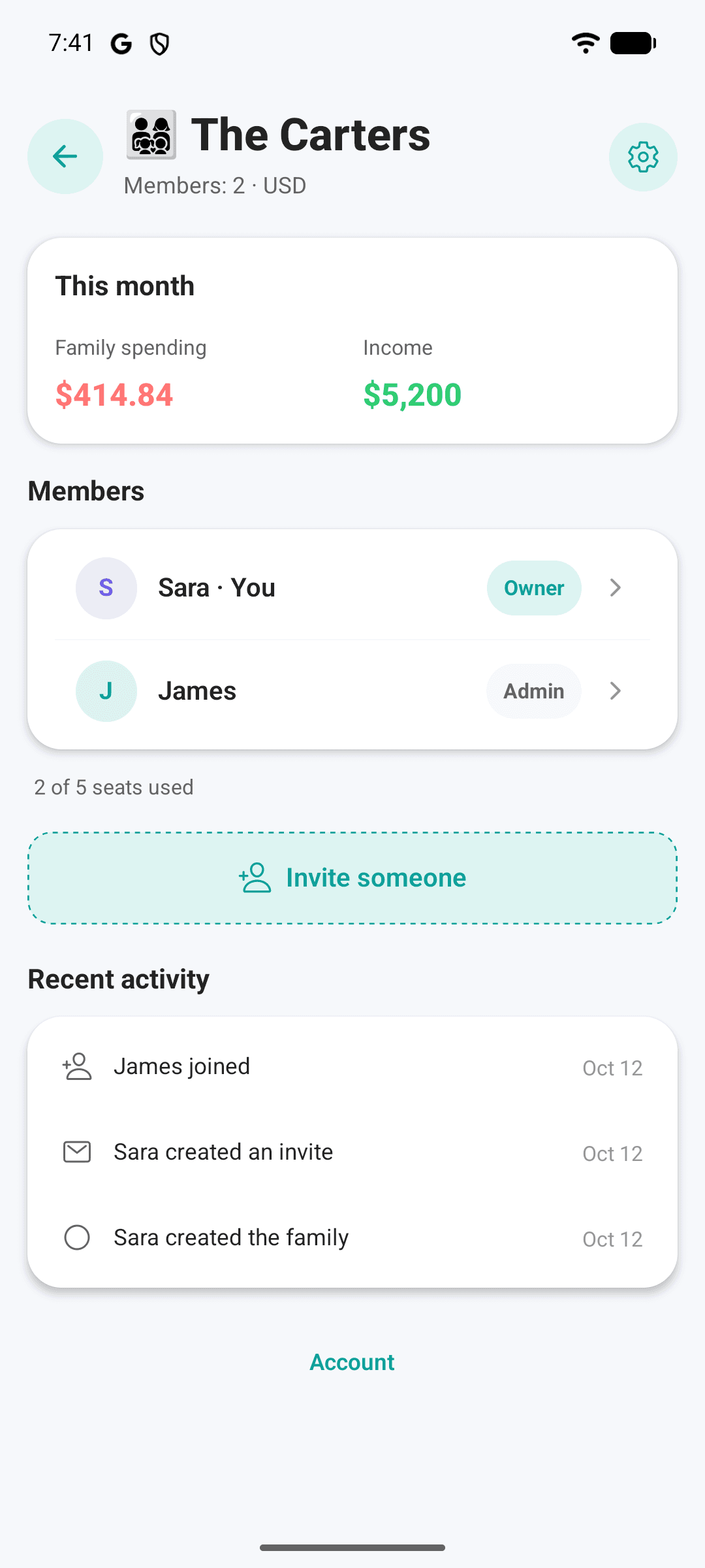 Family hub listing members Sara (owner) and James (admin), 2 of 5 seats used, an invite button and recent activity