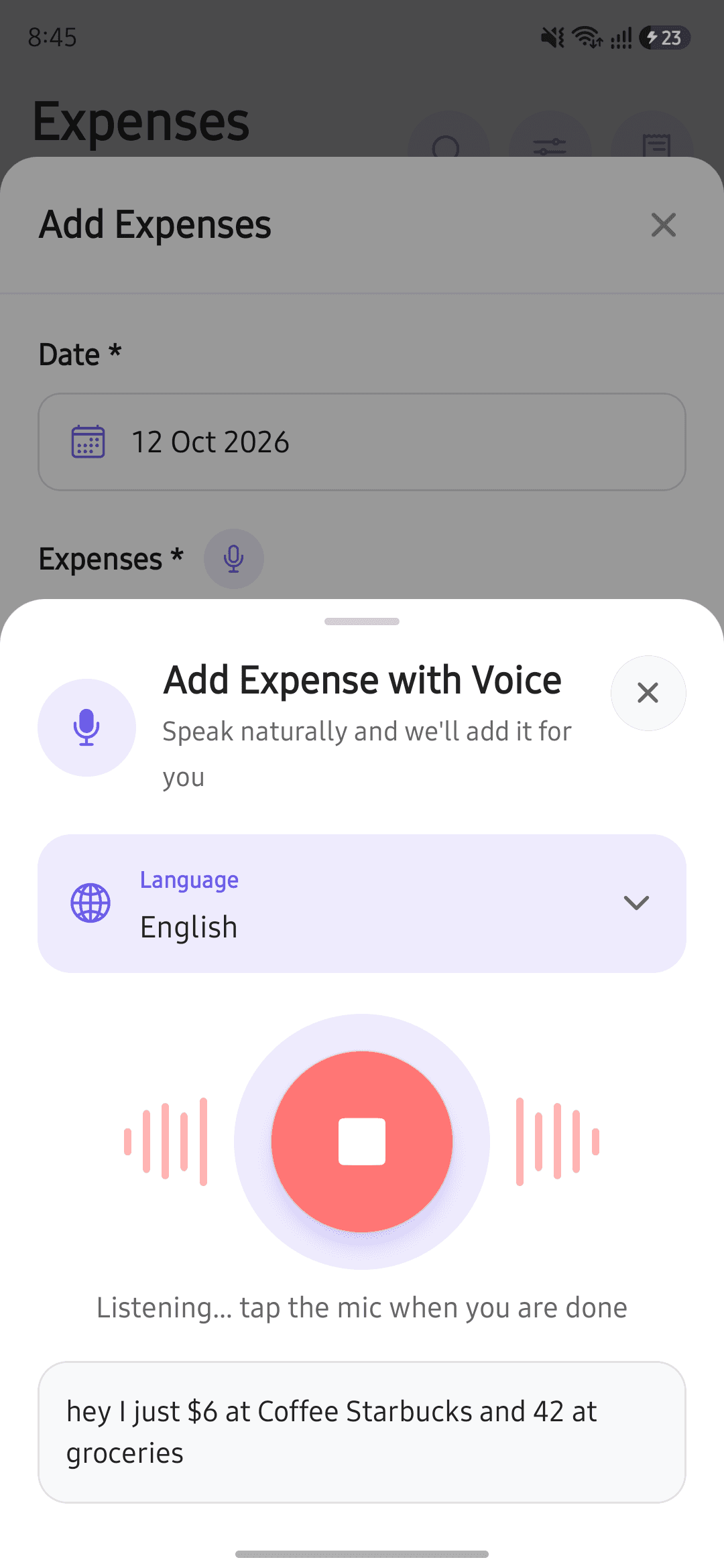 Fimbi's Add Expense with Voice sheet listening, with a language picker set to English and the live transcript below